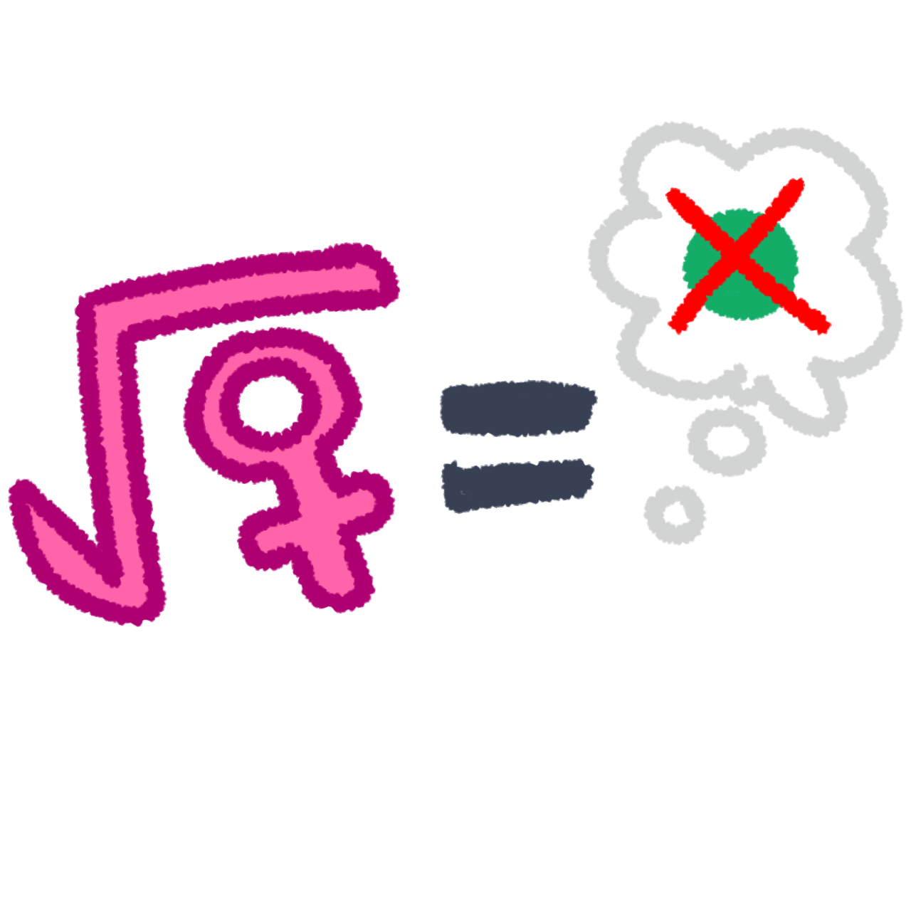 on the left is a pink radical/root symbol with a pink venus symbol in it. On the right is a white thought bubble with a green circle inside, that circle being crossed off in red. Between the two objects is a dark grey equal sign